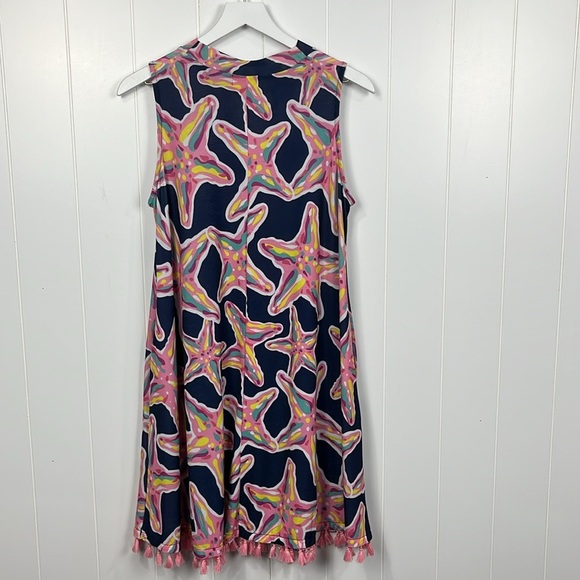 Simply Southern Mini Dress M Blue Pink Starfish Pattern Pockets Keyhole Front - Picture 9 of 12